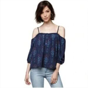 House of Harlow 1960 Boho Navy Blue Geo Print Cold Shoulder Blouse. Size L.